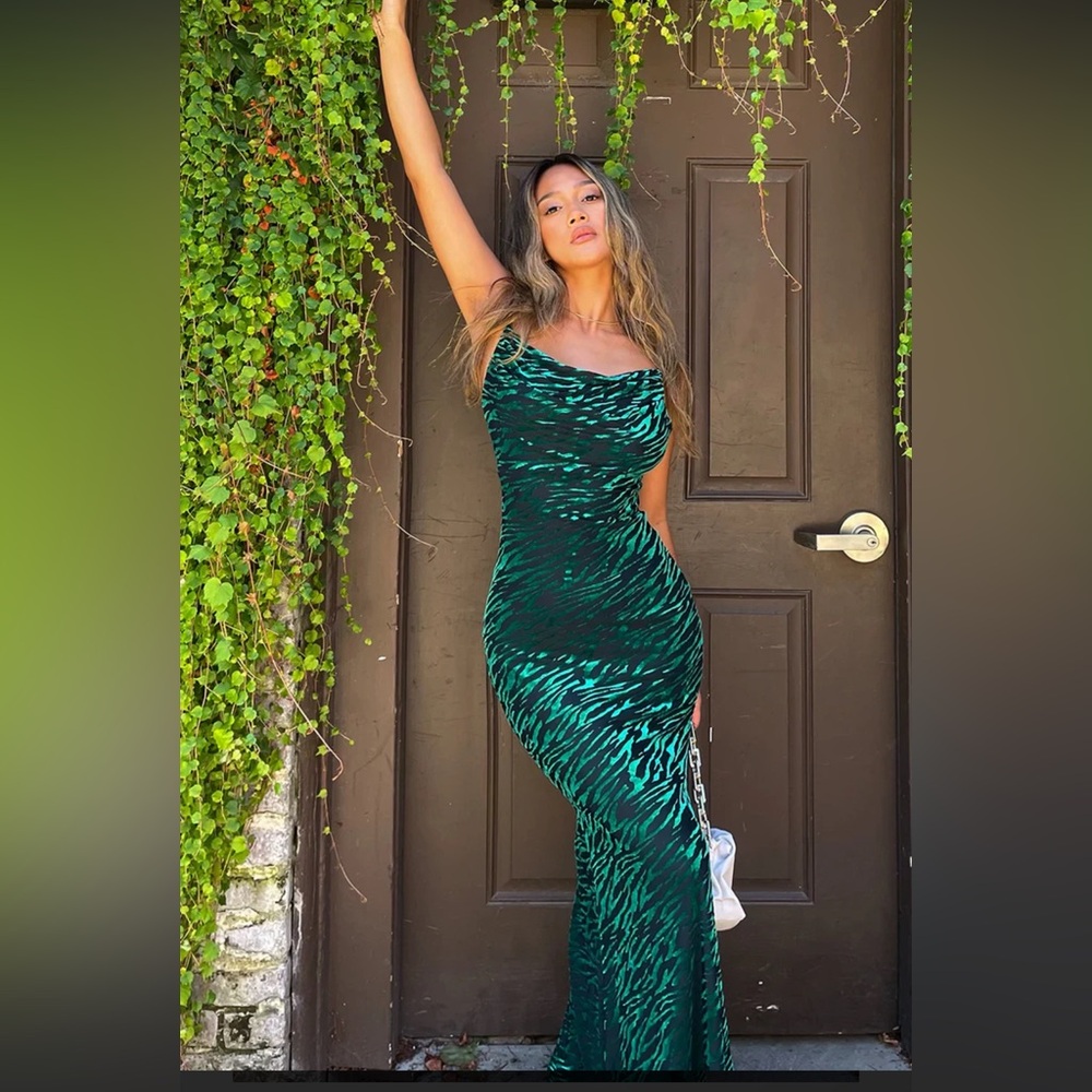 Runaway the Label Emerald Zebra Green Printed Cowl Neck Maxi Dress XS